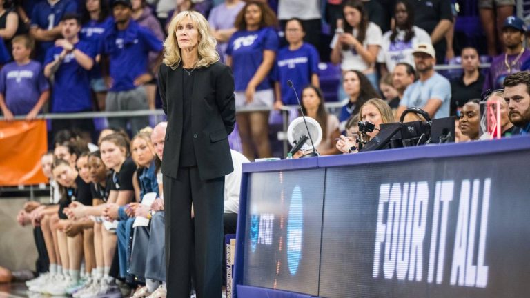 Washington head coach Tina Langley looks on during the first half in the second round of the NCAA college basketball tournament Sunday, March 22, 2026, Fort Worth, Texas. (Jessica Tobias/AP)