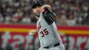 Detroit Tigers pitcher Justin Verlander works against the Arizona Diamondbacks during the first inning of an opening-day baseball game Monday, March 30, 2026, in Phoenix. (Darryl Webb/AP)