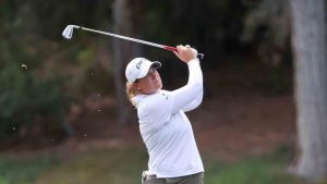 Lauren Coughlin hits an approach shot on the ninth hole during the first round of the Aramco Championship LPGA golf tournament, Thursday, April 2, 2026, in North Las Vegas. (Ian Maule/AP)