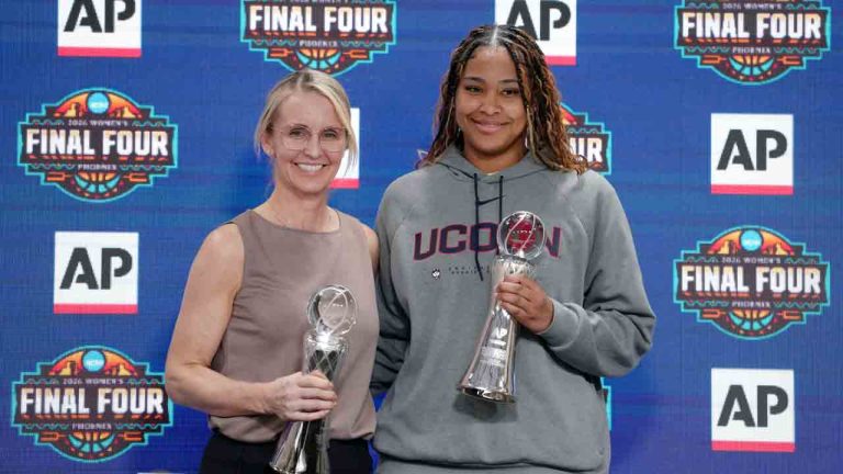 Vanderbilt women's basketball head coach Shea Ralph, left, the 2026 AP Women's Coach of the Year and UConn's Sarah Strong, the 2026 AP Women's Player of the Year, pose for photographs during a news conference at the Women's Final Four of the NCAA college basketball tournament, Thursday, April 2, 2026, in Phoenix. (Ross D. Franklin/AP)