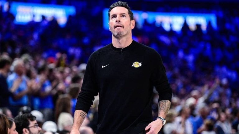 Los Angeles Lakers Head Coach JJ Redick reacts during the first half of an NBA basketball game against the Oklahoma City Thunder Thursday, April. 2, 2026, in Oklahoma City. (Gerald Leong/AP)