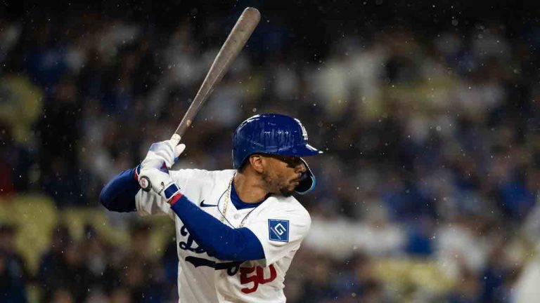 Los Angeles Dodgers' Mookie Betts bats during a baseball game against the Cleveland Guardians in Los Angeles, Tuesday, March 31, 2026. (Kyusung Gong/AP)