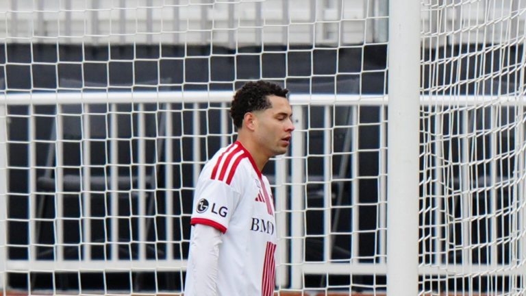 Toronto FC defender Matheus Pereira reacts during second half MLS soccer action in Toronto on Saturday, April 4, 2026. THE CANADIAN PRESS/Frank Gunn