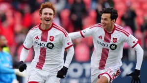 Toronto FC forward Josh Sargent (9) celebrates his goal with teammate Richie Laryea (22) during second half MLS soccer action against the Colorado Rapids in Toronto on Saturday, April 4, 2026. (Frank Gunn/CP)