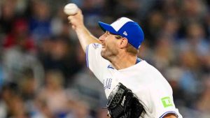 Toronto Blue Jays pitcher Max Scherzer (31) works during first inning MLB baseball action against the Los Angeles Dodgers, in Toronto on Monday, April 6, 2026. (Frank Gunn/CP)