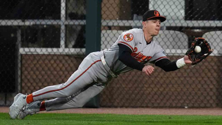 Baltimore Orioles right fielder Tyler O'Neill catches a flyout hit by Chicago White Sox's Tristan Peters during the third inning of a baseball game Monday, April 6, 2026, in Chicago. (Erin Hooley/AP)