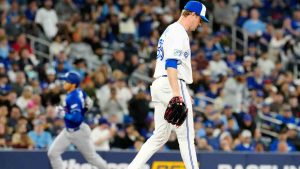 Toronto Blue Jays pitcher Joe Mantiply (35) reacts as Los Angeles Dodgers two-way player Shohei Ohtani (17) rounds the bases after hitting a solo home run during sixth inning MLB baseball action in Toronto on Monday, April 6, 2026. (Frank Gunn/CP)
