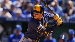 Milwaukee Brewers left fielder Christian Yelich bats during the fifth inning of a baseball game against the Kansas City Royals, Sunday, April 5, 2026, in Kansas City, Mo. (Charlie Riedel/AP)