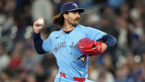 Toronto Blue Jays pitcher Dylan Cease (84) makes a pitch against the Los Angeles Dodgers during first inning Inter League MLB baseball action in Toronto on Wednesday, April 8, 2026. (Nathan Denette/CP)