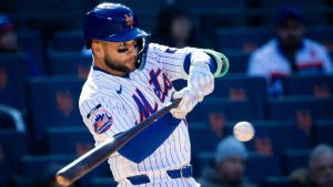 New York Mets' Bo Bichette (19) bats during the first inning of a baseball game against the Arizona Diamondbacks, Wednesday, April 8, 2026, in New York. (Angelina Katsanis/AP)
