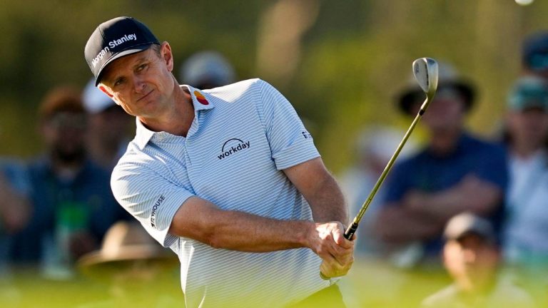 Justin Rose, of England, chips to the green on the 17th hole during the first round of the Masters golf tournament at the Augusta National Golf Club, Thursday, April 9, 2026, in Augusta, Ga. (Gerald Herbert/AP)