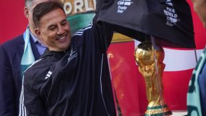 Italian soccer legend and 2006 World Cup winner Fabio Cannavaro helps unveil the FIFA World Cup trophy during the launch of a trophy tour, in Vancouver, on Friday, April 10, 2026. (Darryl Dyck/CP)