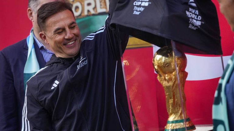 Italian soccer legend and 2006 World Cup winner Fabio Cannavaro helps unveil the FIFA World Cup trophy during the launch of a trophy tour, in Vancouver, on Friday, April 10, 2026. (Darryl Dyck/CP)