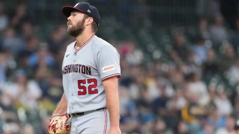 Washington Nationals' Ken Waldichuk reacts after suffering an injury during the seventh inning of a baseball game against the Milwaukee Brewers, Sunday, April 12, 2026, in Milwaukee. (Aaron Gash/AP)