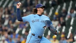 Toronto Blue Jays' Kevin Gausman pitches during the first inning of a baseball game against the Milwaukee Brewers, Tuesday, April 14, 2026, in Milwaukee. (Aaron Gash/AP)