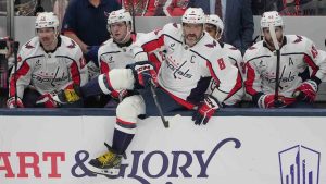 Washington Capitals left wing Alex Ovechkin (8) jumps over the board during a shift change in the first period of an NHL hockey game against the Columbus Blue Jackets Tuesday, April 14, 2026, in Columbus, Ohio. (Sue Ogrocki/AP)