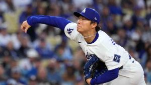 Los Angeles Dodgers starting pitcher Yoshinobu Yamamoto throws to the plate during the first inning of a baseball game against the New York Mets, Tuesday, April 14, 2026, in Los Angeles. (Mark J. Terrill/AP)