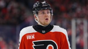 Philadelphia Flyers' Emil Andrae in action during an NHL hockey game against the Montréal Canadiens, Tuesday, April 14, 2026, in Philadelphia. (AP Photo/Derik Hamilton)