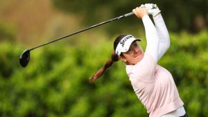Hannah Green hits from the fourteenth tee during the first round of the LPGA's JM Eagle LA Championship golf tournament at El Caballero Country Club Thursday, April 16, 2026, in Los Angeles. (Jessie Alcheh/AP)