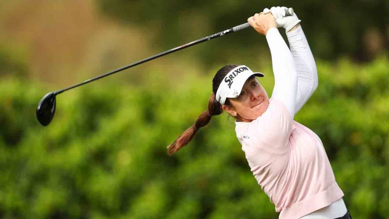 Hannah Green hits from the fourteenth tee during the first round of the LPGA's JM Eagle LA Championship golf tournament at El Caballero Country Club Thursday, April 16, 2026, in Los Angeles. (Jessie Alcheh/AP)