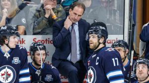 Winnipeg Jets head coach Scott Arniel reacts on the bench against the San Jose Sharks during third period NHL action in Winnipeg, Thursday, April 16, 2026. (John Woods/CP)