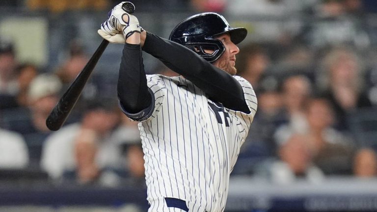 New York Yankees' Ryan McMahon hits a two-run home run during the eighth inning of a baseball game against the Kansas City Royals Friday, April 17, 2026, in New York. (AP/Frank Franklin II)