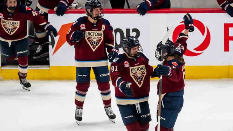 Montreal Victoire's Nicole Gosling (right) celebrates her game-winning goal with teammate Maggie Flaherty (91) during overtime PWHL hockey action against the Boston Fleet in Laval, Que., on Friday, April 17, 2026. (Christopher Katsarov/CP)