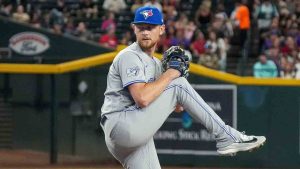 Toronto Blue Jays pitcher Eric Lauer works against the Arizona Diamondbacks during the third inning of an baseball game Friday, April 17, 2026, in Phoenix. (Darryl Webb/AP)