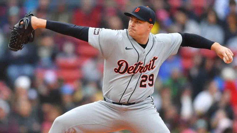 Detroit Tigers' Tarik Skubal delivers a pitch to a Boston Red Sox batter in the first inning of a baseball game, Saturday, April 18, 2026, in Boston. (Steven Senne/AP)