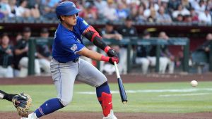 Toronto Blue Jays' Kazuma Okamoto, of Japan, connects for a single against the Arizona Diamondbacks during the second inning of a baseball game, Saturday, April 18, 2026, in Phoenix. (Ross D. Franklin/AP)