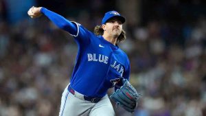 Toronto Blue Jays starting pitcher Kevin Gausman throws against the Arizona Diamondbacks during the first inning of a baseball game, Sunday, April 19, 2026, in Phoenix. (Ross D. Franklin/AP)