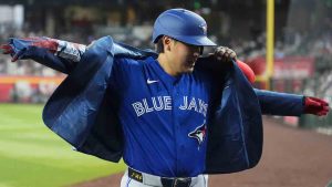 Toronto Blue Jays' Kazuma Okamoto, of Japan, celebrates his home run against the Arizona Diamondbacks during the third inning of a baseball game, Sunday, April 19, 2026, in Phoenix. (Ross D. Franklin/AP)
