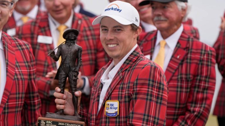 Matt Fitzpatrick, of England, holds the trophy after winning the RBC Heritage golf tournament Sunday, April 19, 2026, in Hilton Head, S.C. (Mike Stewart/AP)