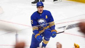 Buffalo Sabres centre Tage Thompson (72) celebrates his goal during the third period in Game 1 of a first-round NHL hockey Stanley Cup playoff series against the Boston Bruins, Sunday, April 19, 2026, in Buffalo, N.Y. (Jeffrey T. Barnes/AP)