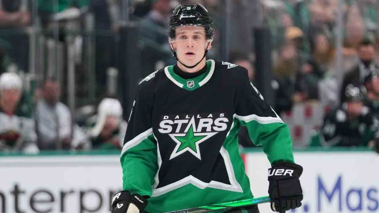 Dallas Stars defenceman Nils Lundkvist (5) looks on during the first period in Game 1 of a first-round NHL Stanley Cup playoffs hockey series between the Dallas Stars and the Minnesota Wild, Saturday, April 18, 2026, in Dallas. (Julio Cortez/AP)