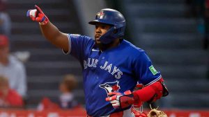 Toronto Blue Jays' Vladimir Guerrero Jr. (27) rounds the bases after hitting a two-run home run during the third inning of a baseball game against the Los Angeles Angels, Monday, April 20, 2026, in Anaheim, Calif. (Caroline Brehman/AP)