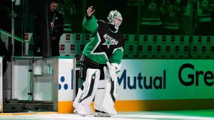 Dallas Stars' Jake Oettinger celebrates the team's win in Game 2 of a first-round NHL Stanley Cup playoffs hockey series against the Minnesota Wild Monday, April 20, 2026, in Dallas. (Tony Gutierrez/AP)