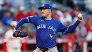 Toronto Blue Jays starting pitcher Patrick Corbin pitches during the first inning of a baseball game against the Los Angeles Angels, Tuesday, April 21, 2026, in Anaheim, Calif. (Caroline Brehman/AP)