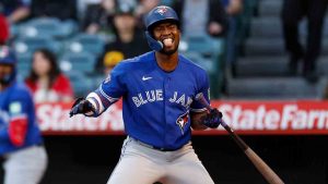 Toronto Blue Jays' Jesus Sanchez (12) reacts after a strike is called during the second inning of a baseball game against the Los Angeles Angels, Tuesday, April 21, 2026, in Anaheim, Calif. (Caroline Brehman/AP)