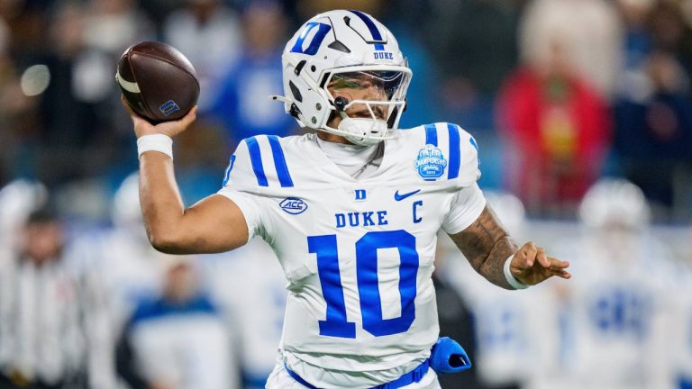 Duke quarterback Darian Mensah looks to pass the ball against Virginia in the first half of the Atlantic Coast Conference championship NCAA college football game in Charlotte, N.C., Dec. 6, 2025. (Jacob Kupferman/AP)