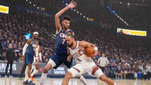 Phoenix Suns forward Dillon Brooks (3) drives past Oklahoma City Thunder center Dillon Brooks (7) during the first half in Game 2 of a first-round NBA playoffs basketball series Wednesay, April 22, 2026, in Oklahoma City. (Kyle Phillips/AP)