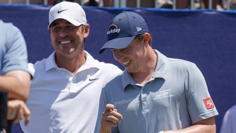 Brooks Koepka and Matt Fitzpatrick, of England, talk before teeing off on the first hole during the first round of the PGA Zurich Classic golf tournament, Thursday, April 23, 2026, in Avondale, La. (Matthew Hinton/AP)