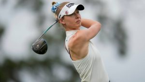 Nelly Korda hits from the fourth tee during the first round of the Chevron Championship LPGA golf tournament Thursday, April 23, 2026, in Houston. (Ashley Landis/AP)