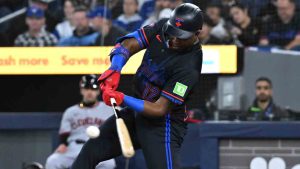 Toronto Blue Jays' Jesus Sanchez hits a solo home run against the Cleveland Guardians in first inning MLB baseball game action in Toronto on Friday, April 24, 2026. (Jon Blacker/CP)