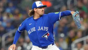 Toronto Blue Jays pitcher Kevin Gausman (34) works against the Cleveland Guardians during first inning MLB baseball action in Toronto on Saturday, April 25, 2026. (Chris Young/CP)