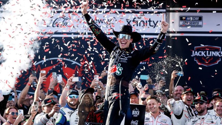 Carson Hocevar celebrates after winning a NASCAR Cup Series auto race, Sunday, April 26, 2026, in Talladega, Ala. (AP/Butch Dill)