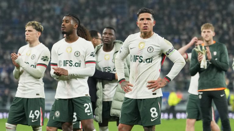 Chelsea players react disappointed after the English Premier League soccer match between Everton and Chelsea in Liverpool, England, Saturday, March 21, 2026. (Jon Super/AP)