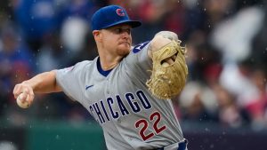 Chicag Cubs' Cade Horton pitches in the rain in the first inning of a baseball game against the Cleveland Guardians in Cleveland, Friday, April 3, 2026. (Sue Ogrocki/AP)