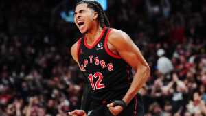 Toronto Raptors' Collin Murray-Boyles (12) celebrates a basket against the Cleveland Cavaliers during second half NBA playoff basketball action in Toronto on Thursday, April 23, 2026. THE CANADIAN PRESS/Frank Gunn