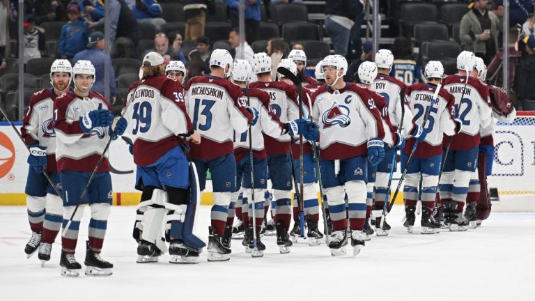 The Colorado Avalanche celebrate after beating the St. Louis Blues in an NHL hockey game, Tuesday, April 7, 2026, in St. Louis. (Joe Puetz/AP)